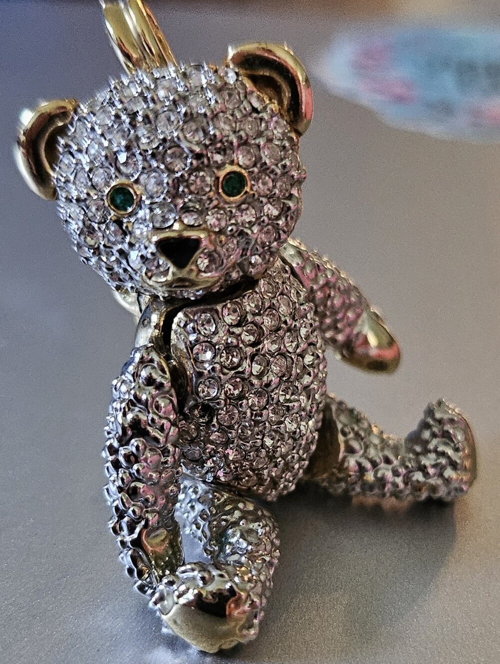 Crystal Pave Teddy Bear brooch/pendant with Green Eyes
